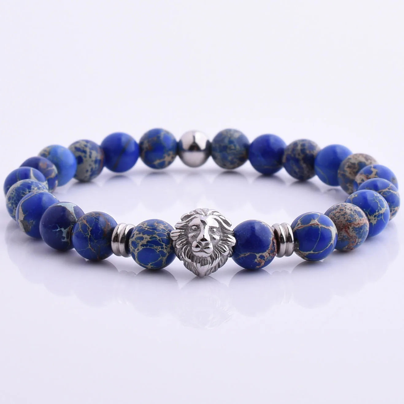 Wholesale Customized Fashion Imperial Jasper Gemstone Stainless Steel Lion Head Charm Bead Bracelet