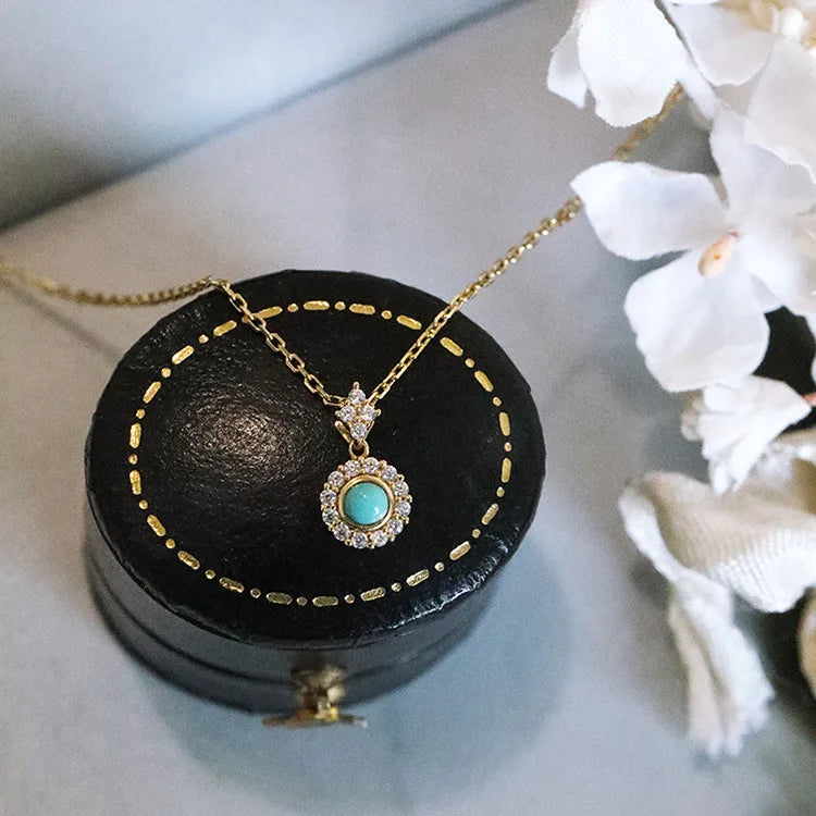 Vintage SImple 14K Gold Plating Pure 925 Sterling Silver Round Small Turquoise Pendant Necklace for Women Girls