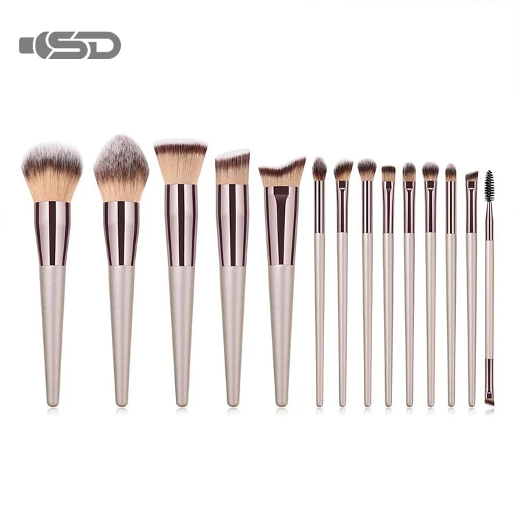 14-Piece Luxury Private Label Makeup Brushes Set Soft Dense Synthetic & Plastic Hair Wood Handle Wholesale Face/Eye Sickness