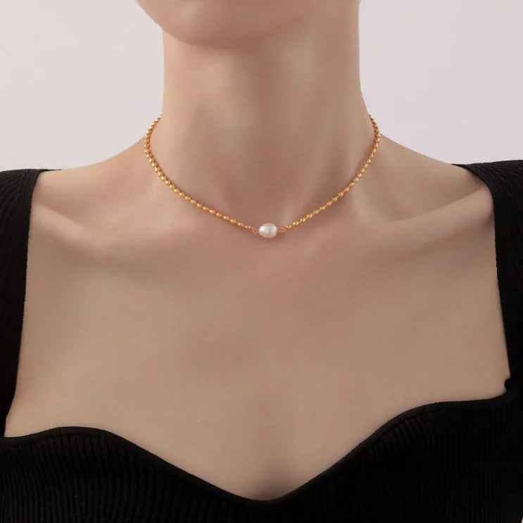 18K Gold Plated Beads Chain Pearl Charm Necklace Adjustable Stainless Steel Fresh Water Pearl Clavicle Necklace