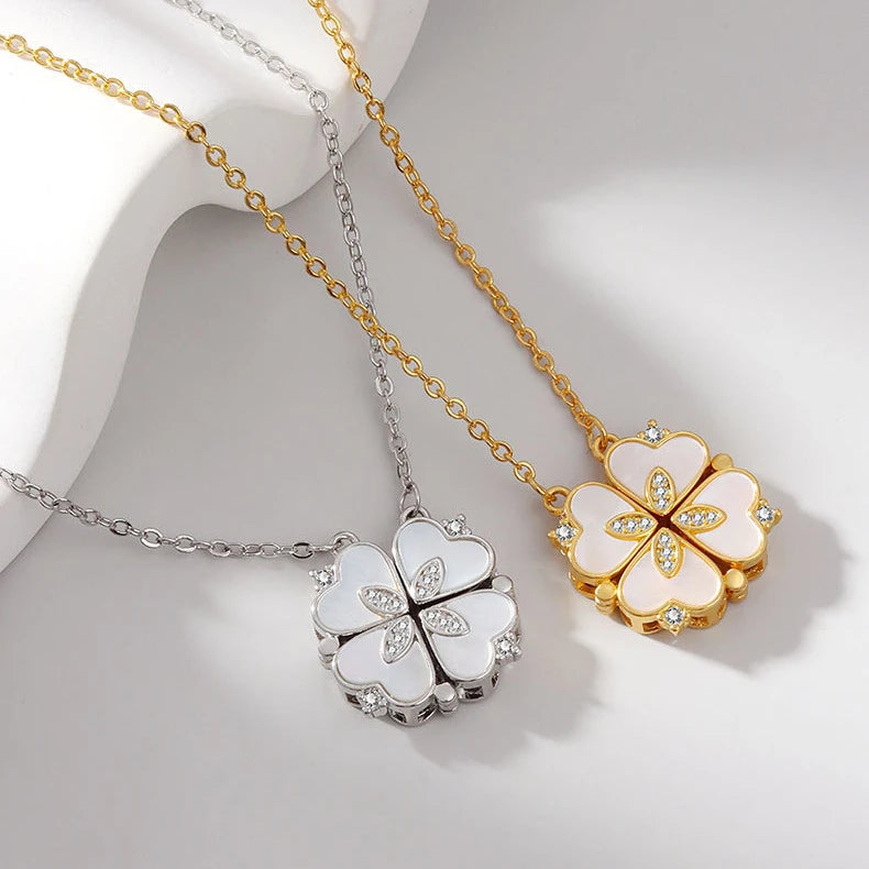Daidan Clover Heart Sterling Silver Gold Plated Zirconia Four Leaf Clover 18K Magnetic Shell Necklaces