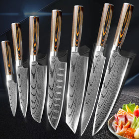 7 PCS Custom Modern Stainless Steel Cutting Kitchen Knife Set with Pakkawood Handles Ambidextrous Design Damascus Pattern