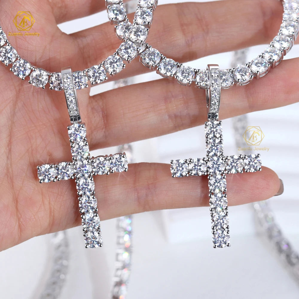 RTS 5mm D VVS1 Diamond Moissanite Pendant 925 Silver Plated Rhodium GRA Moissanite Cross Pendant Necklace