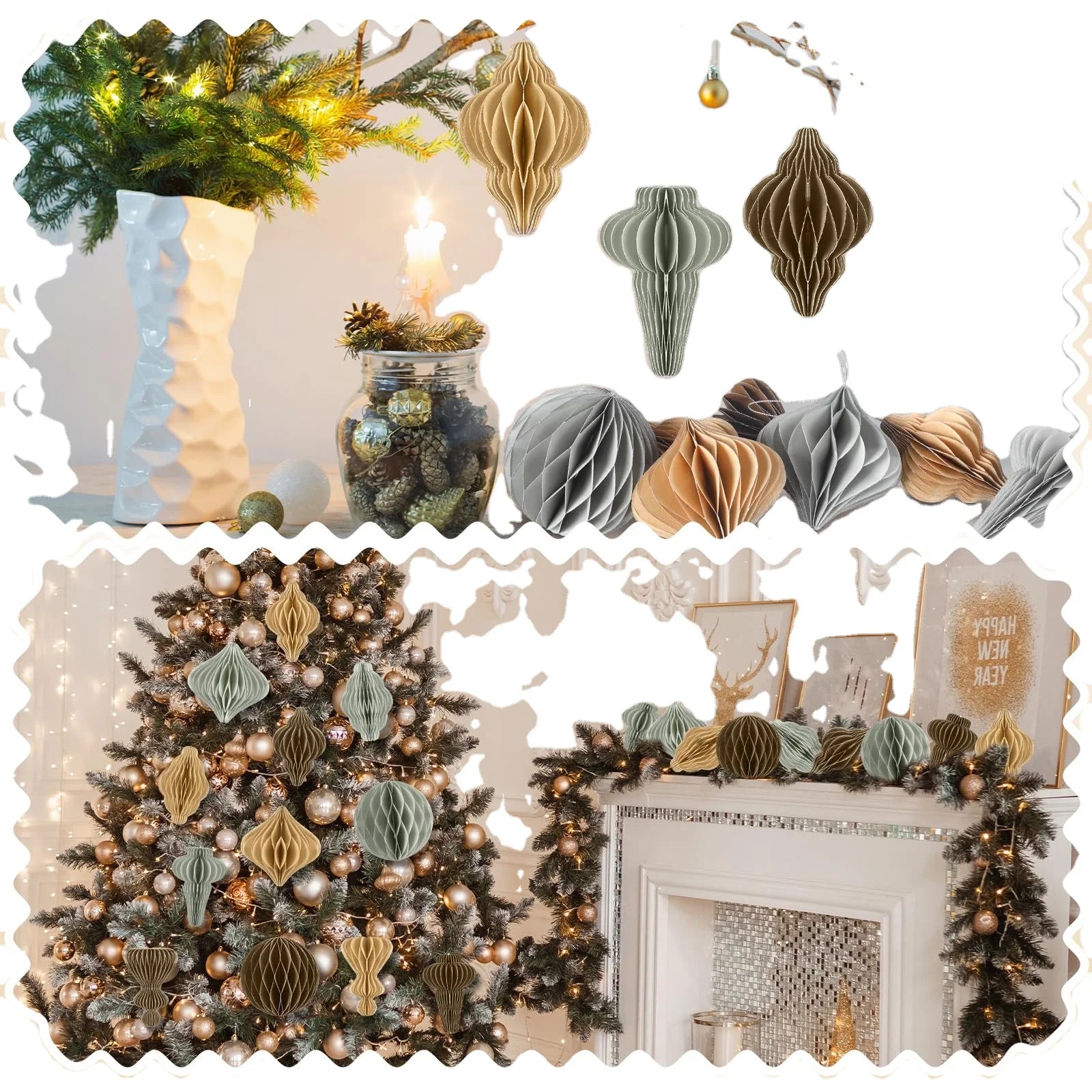 Decorations  3D Mini Glitter Edge Paper Honeycomb Lantern  Hanging Ornaments for Christmas Tree New Years Party