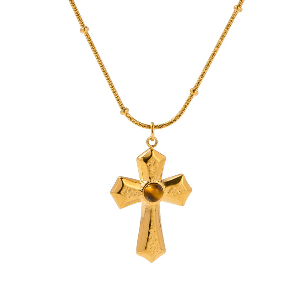 J&D Religious Stainless Steel Necklaces Gold Plated Texture Hammer Tiger's Eye Cross Pendant Necklace