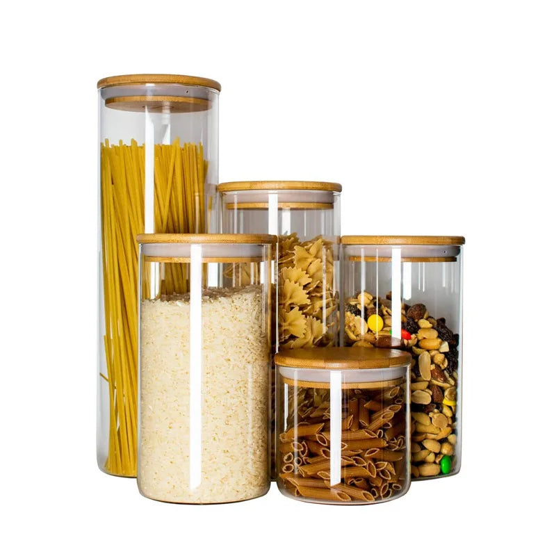 Small Square Kitchen Storage Glass Jar Bamboo Wood Lid Stainless Steel Container Spice Honey Dining Countertop Use Restaurants