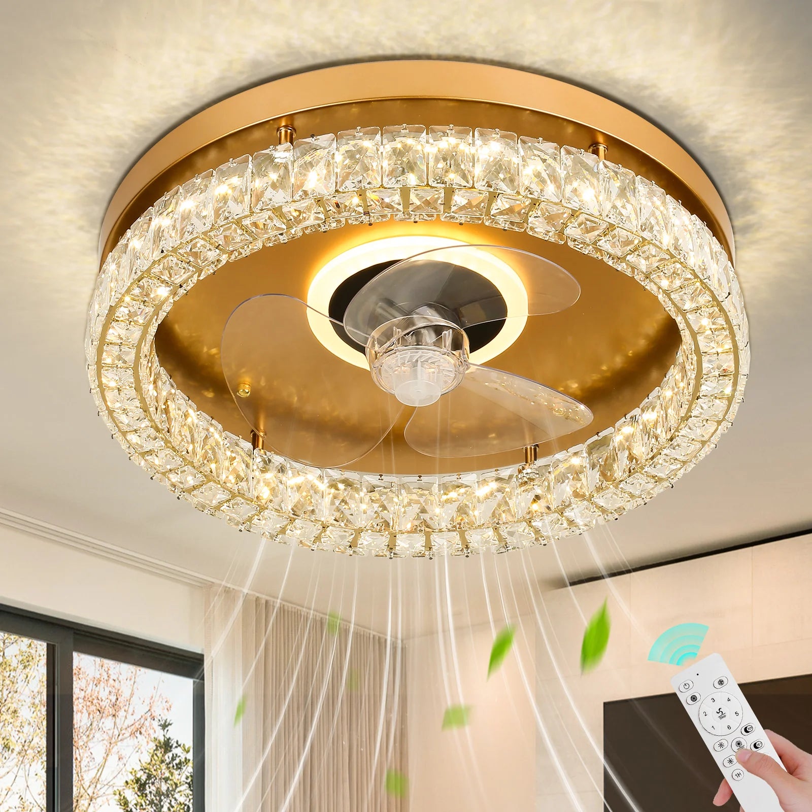 Gold Crystal Ceiling Lamp with Retractable Fan and Chandelier Lighting Remote Control Mode