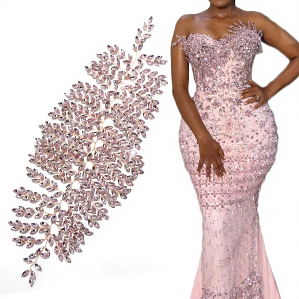 WHD-098 Keering New 3D Leaves Pink Sparkling Diamond Rhinestone Flower Patches for Wedding Bridesmaid Dresses