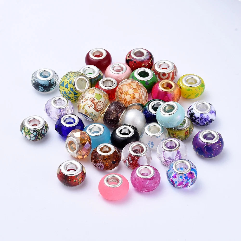 Pandahall 100 Pcs European Beads Large Hole with Silver Color Brass Core Rondelle Mixed Color Glass & Resin Beads
