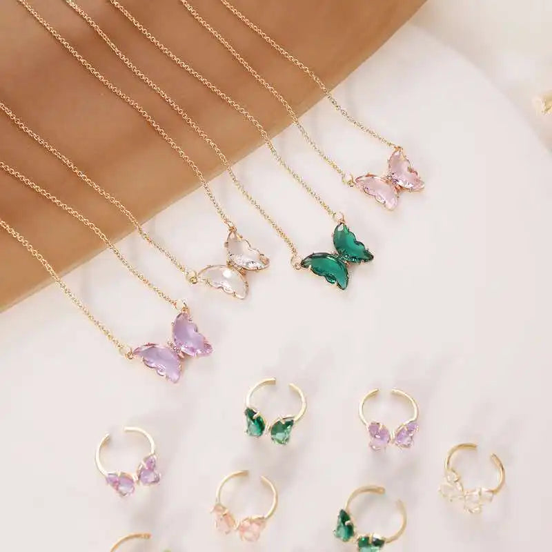 pink Quarts Crystal Glass Spring Blinged Out Cuban 18k Gold butterfly Pendant Necklace Jewelry Oem for Women
