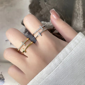 Wholesale Double-layer Cross Ring 18K Gold Plated Adjustable Finger Copper Zircon Rings