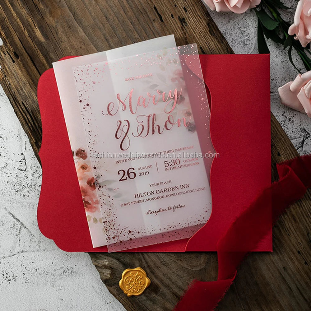 Chinese Style PVC Card Watercolor Floral Printing Wedding Invitations with Envelope and Wax Seal