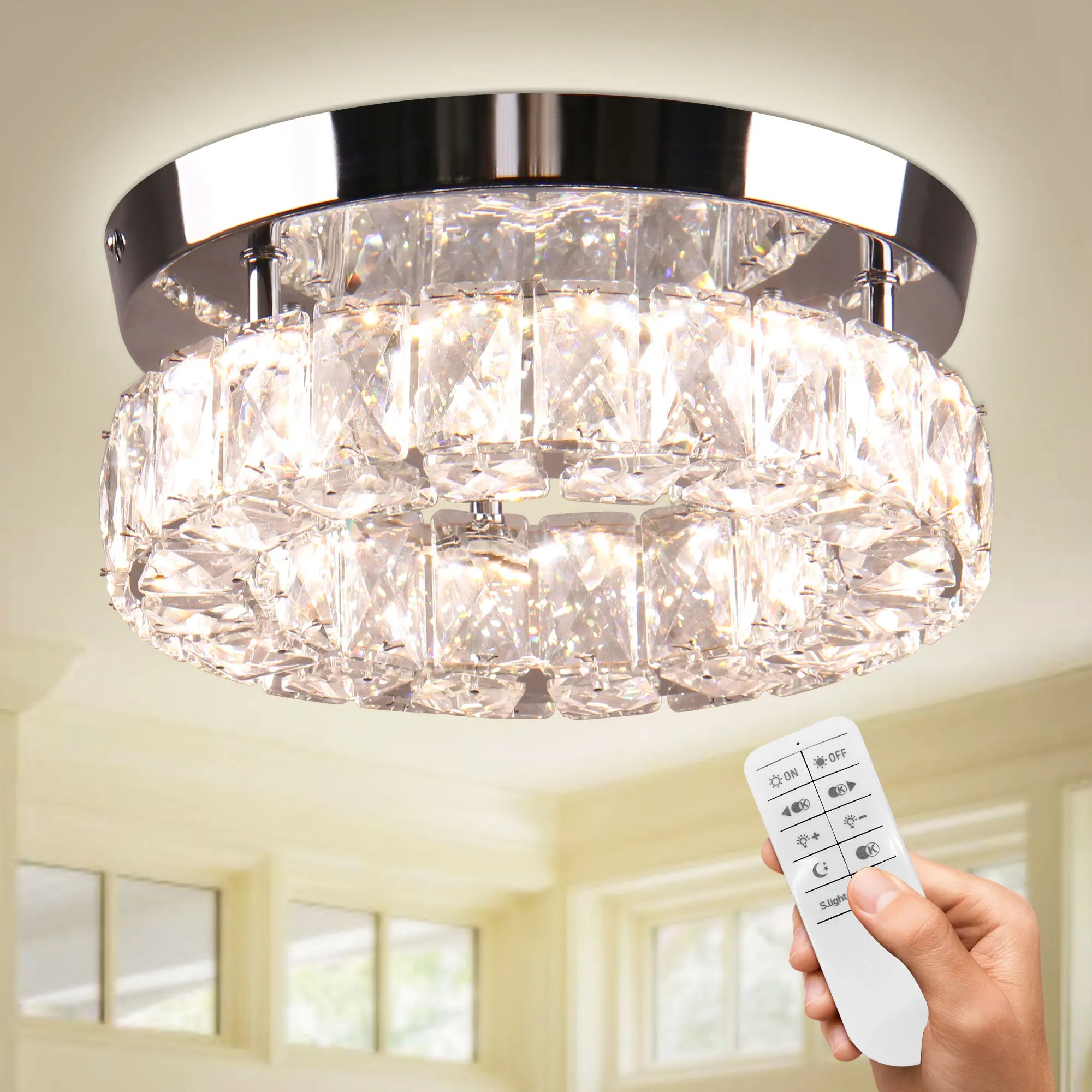 Modern Luxury High Ceiling Chandelier Dimmable Crystal LED Light Small Size Square Surface Mount Ceiling Light for Home