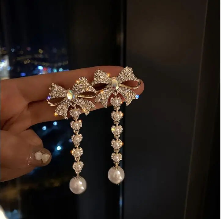 Korean Elegant Bowknot Drop Earrings with Long Pearl Women's Rhinestone Party Jewelry Fashionable Gifts for Girls