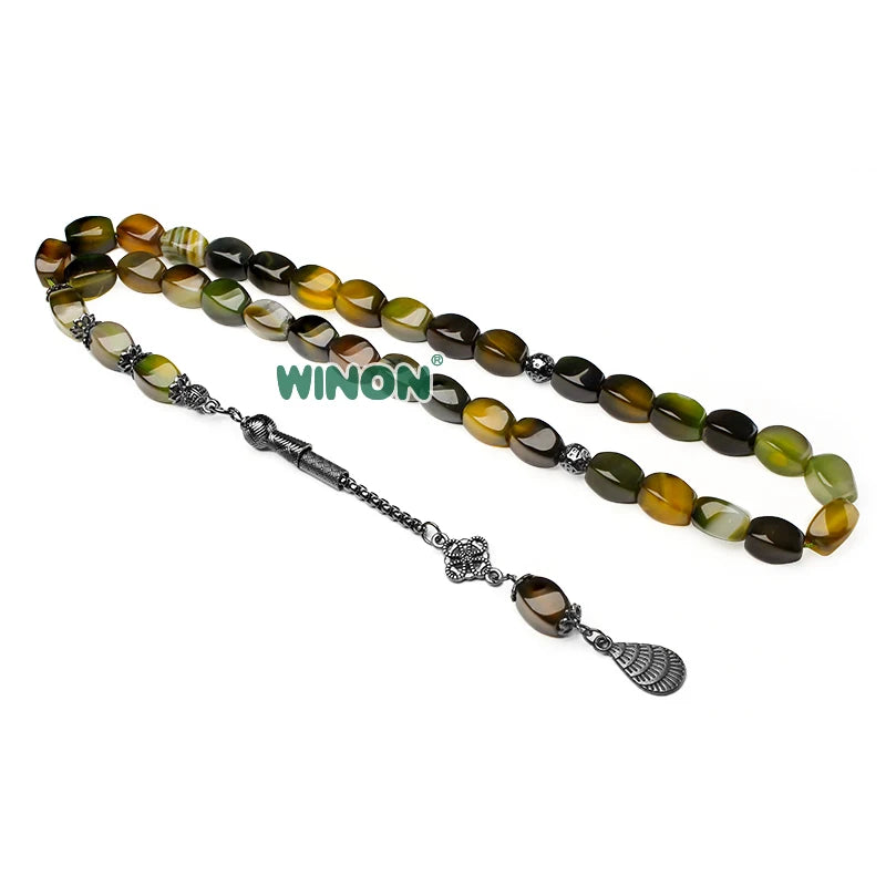Hot Selling Middle East Muslim Religious Silver Plated Islamic Rosary 8x12mm Natural Aqeeq Agate Beaded Bracelet Pray Beads