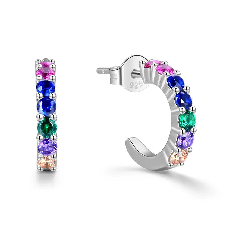Fashionable Half Circle Hoop Earrings Rhodium Plating Diamond and Zircon 925 Sterling Silver Jewelry