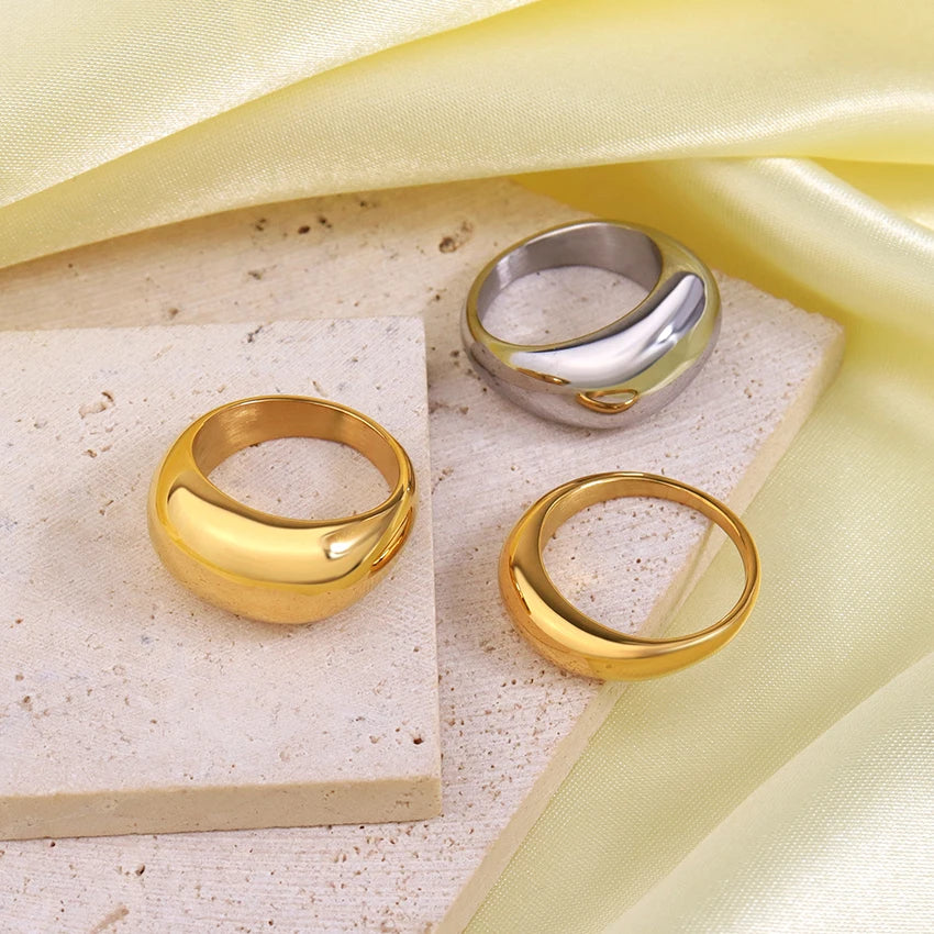 Minimalist Jewelry Custom Engrave Logo Bold Statement Ring Men Waterproof Gold Silver Stainless Steel Thick Chunky Dome Ring