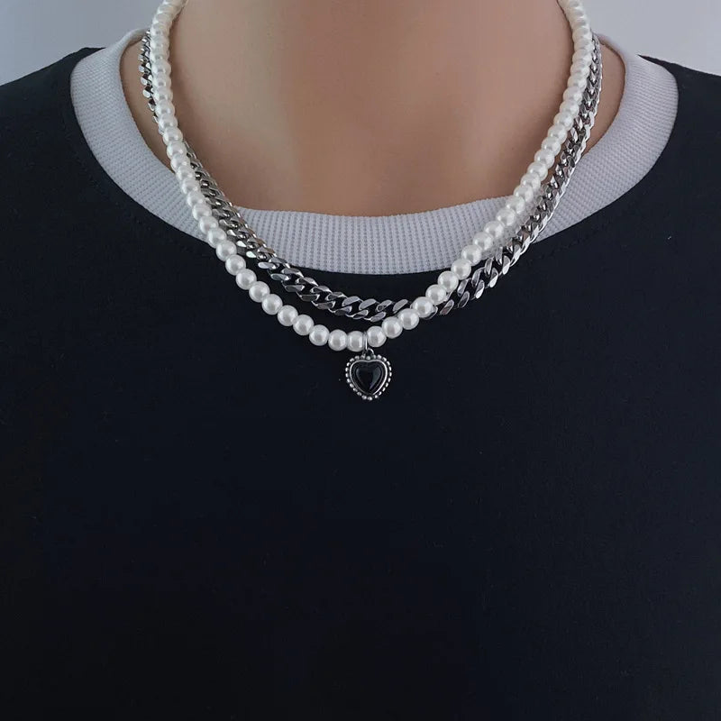 Hiphop Titanium Steel Necklace Hip Hop Pearl Heart Zircon Pendant Double Clavicle Chain for Men and Women