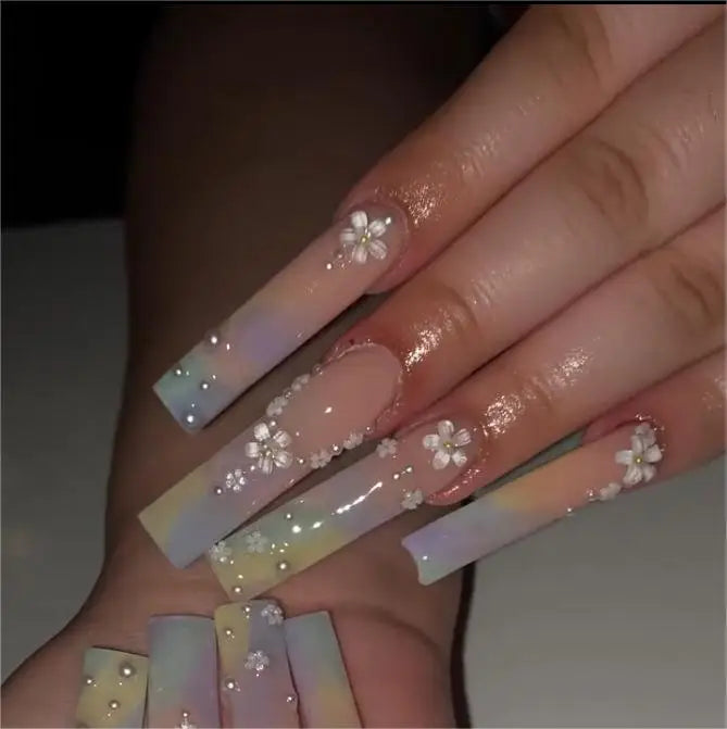 Temooi Flower Design Long Sharp ABS Nails with Glue Art Tip False Press-on Nails for Nail Art Salon Shape Ballet