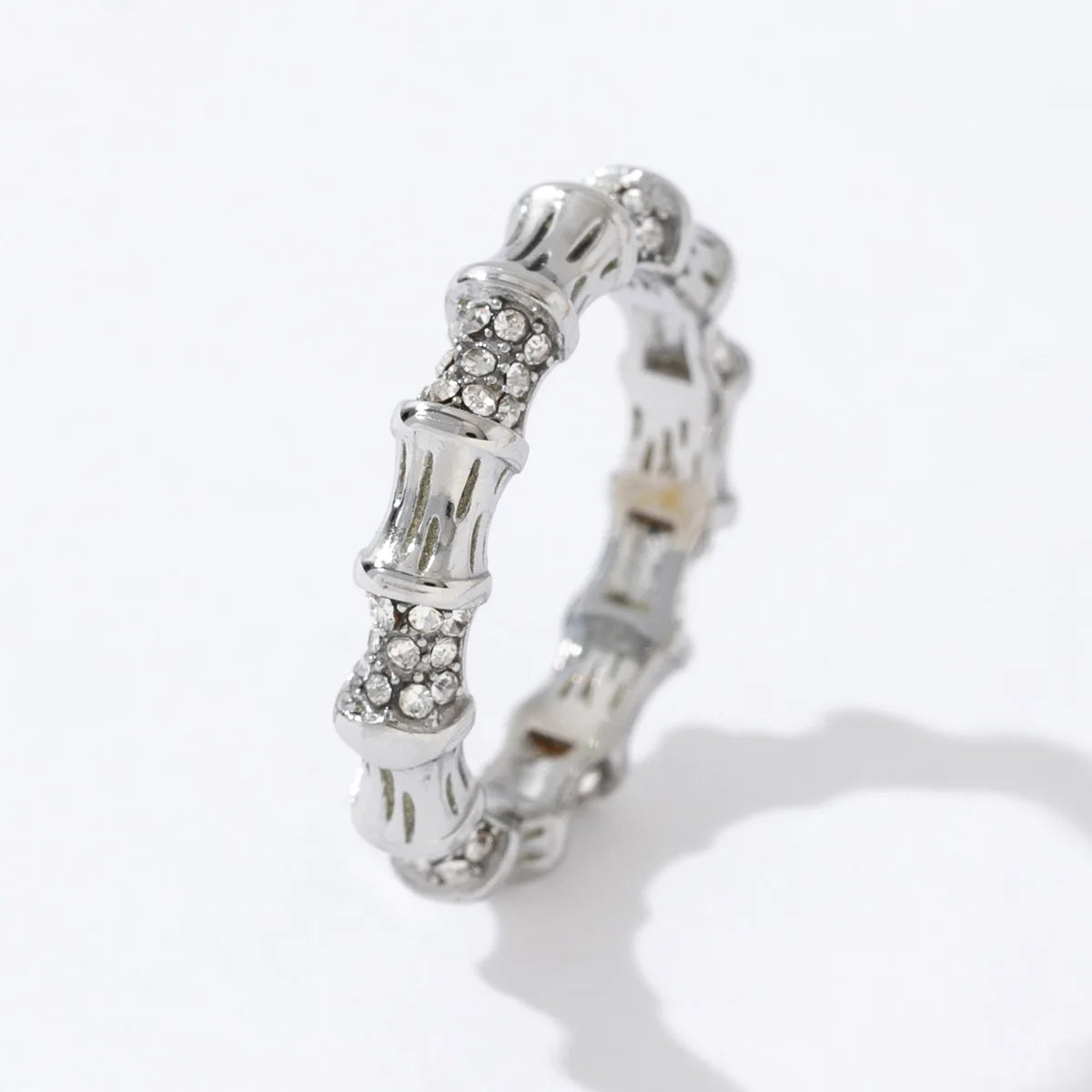 Uneven Design Fashion Wholesale Tarnish Silver Plated Stainless Steel Jewelry Dainty Bamboo Cubic Zirconia Ring