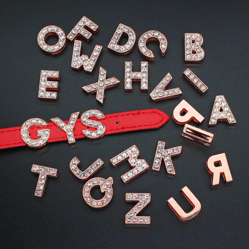 10mm Rose Gold Color Slide Letters Charms With Rhinestone DIY Accessory Alphabet A-Z Slide Charms Fit Pet Collar Findings