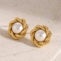 Stainless Steel Plated 18k Gold Flower Fried Dough Twists Texture Pearl Earrings for Women's High-end Versatile Jewelry