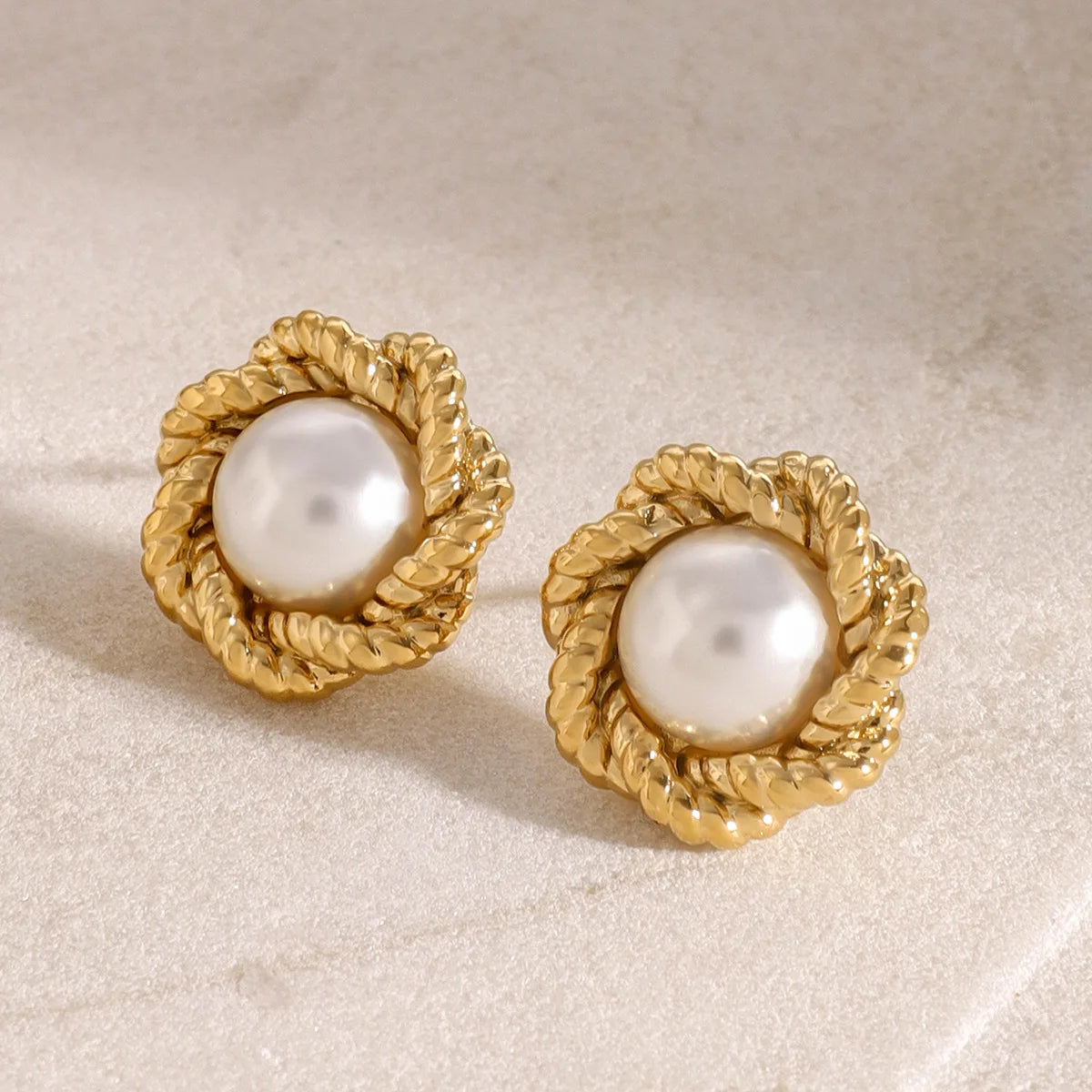 Stainless Steel Plated 18k Gold Flower Fried Dough Twists Texture Pearl Earrings for Women's High-end Versatile Jewelry
