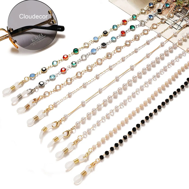 Colorful Crystals Glasses Chains Gold Plated Neck Strap for Sunglasses Accessories Women White Pearls Black Beads Mask Chains