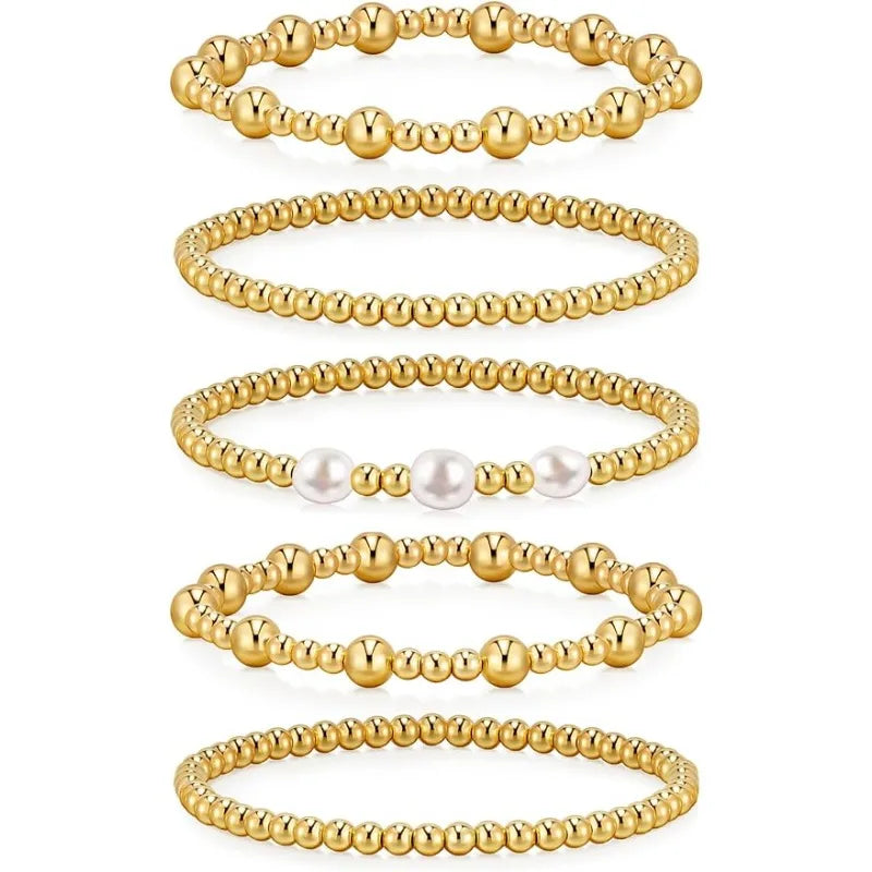 14K Gold Plated Stackable Bead Ball Bracelet Sets Stretch Gold Beaded Bracelets for Women Girls
