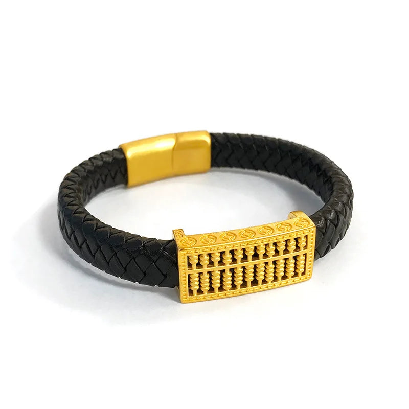 Pulseras Vietnam Sand Gold Abacus Leather Rope Bracelet Men's Dominant Ethnic Style Gold-Plated Ruyi Money Abacus Bracelet