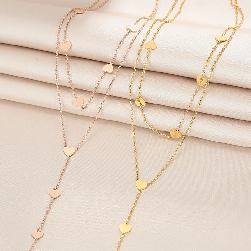 Sweet Love Heart 18K Gold Multilayer Stainless Steel  Necklace Double Layer Heart Charm Necklace