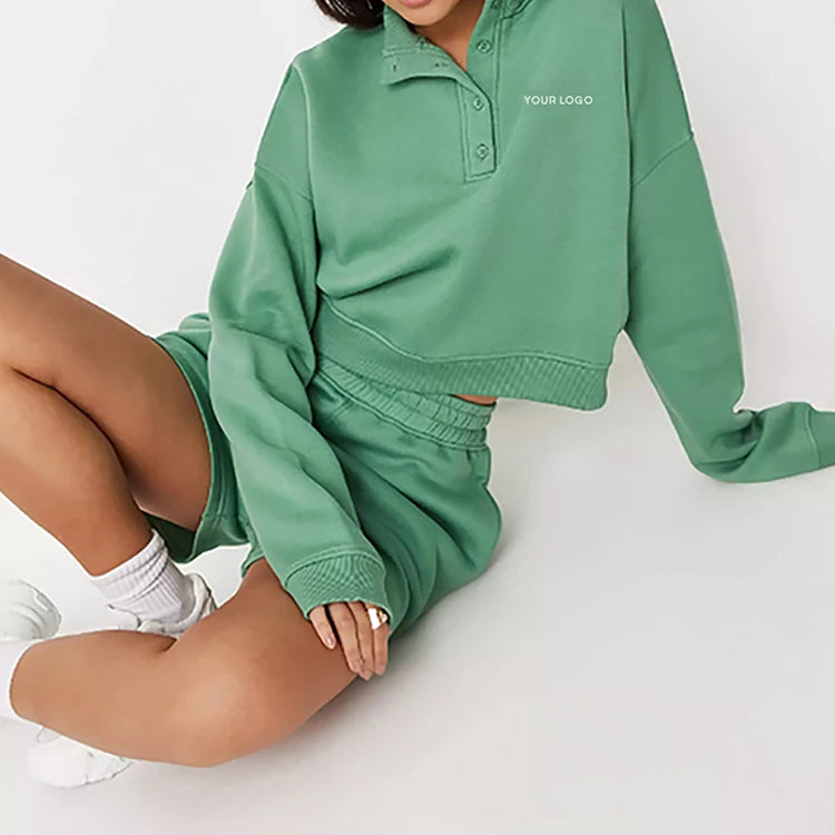 K210121 Custom Hot Sale Women Long Sleeve Two Piece T Shirts and Short Set 2 Piece Outfit  Set Short Sport Set