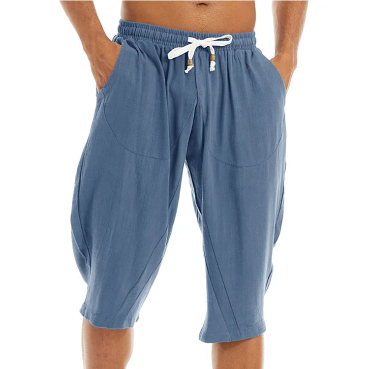 Outdoor Men's Summer Casual Linen Long Short Breathable Knee Length Cotton Loose Pants Jogger Fitness