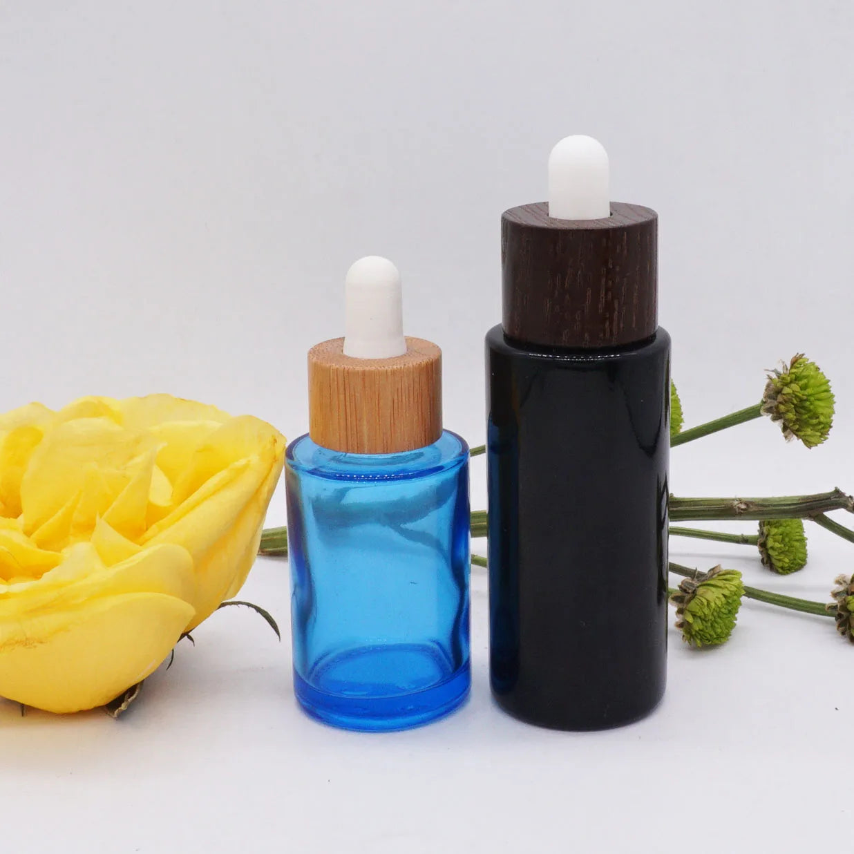 Flat Shoulder Frosted Blue Black Glass Dropper Bottle with Dark Wooden Pump Top