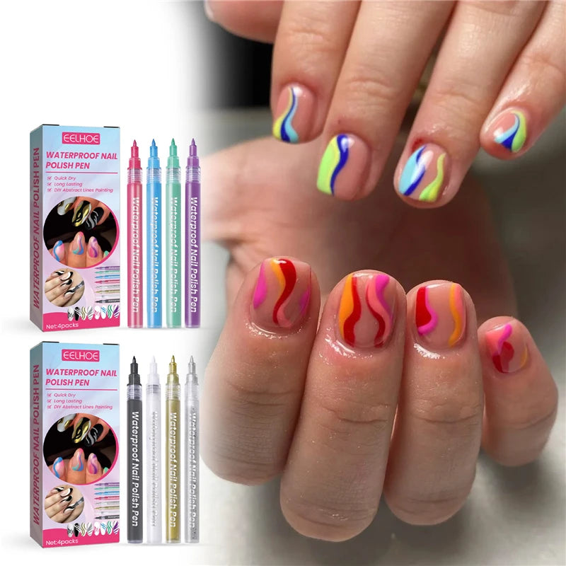 EELHOE Waterproof Nail Polish Pens Quick Dry Diy Abstract Lines Painting Nail Art Graffiti Pens Set 4packs Nail Dotting Pens Kit