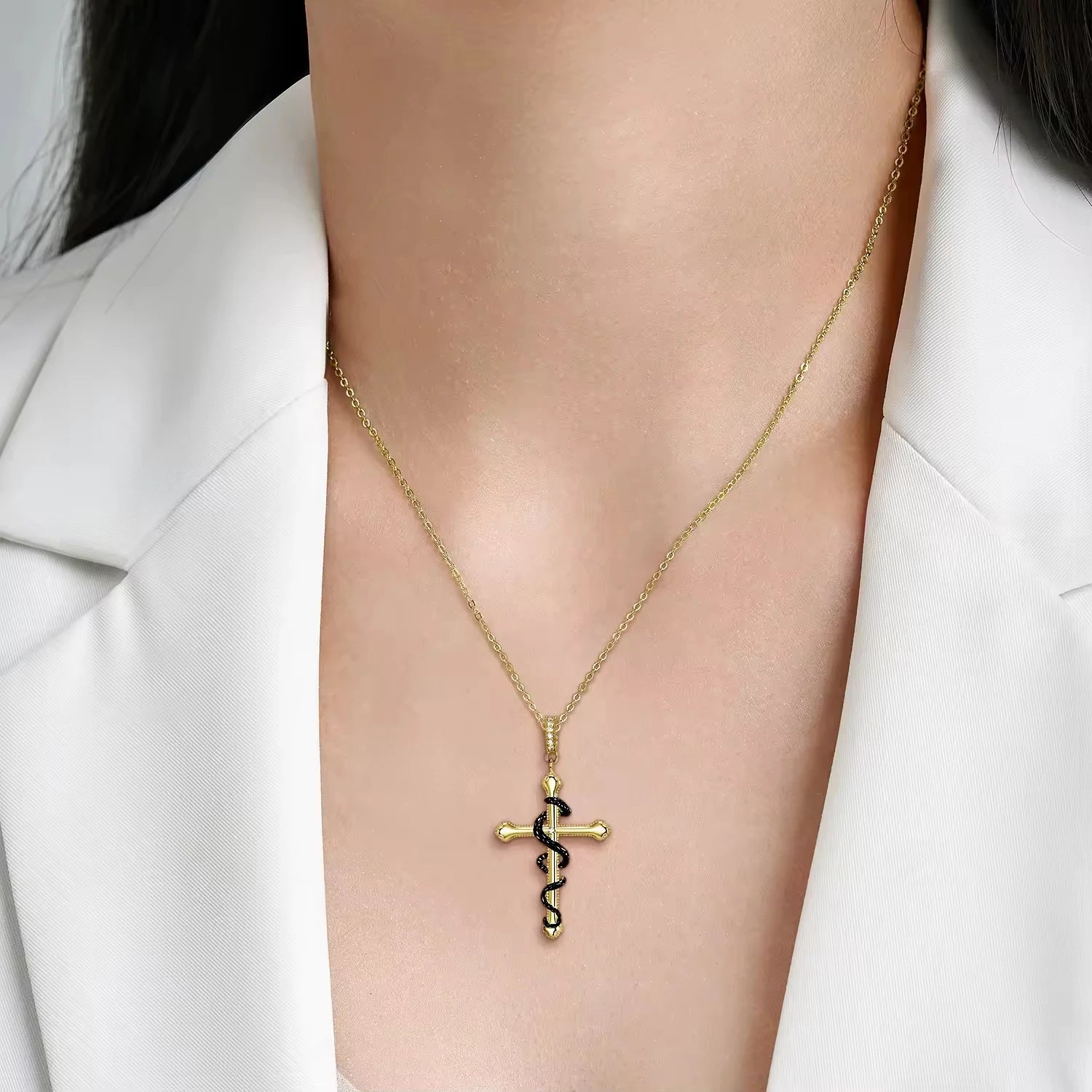 Religious Jewelry 925 Sterling Silver Black Snake Gold Plated Cross Pendant Necklace