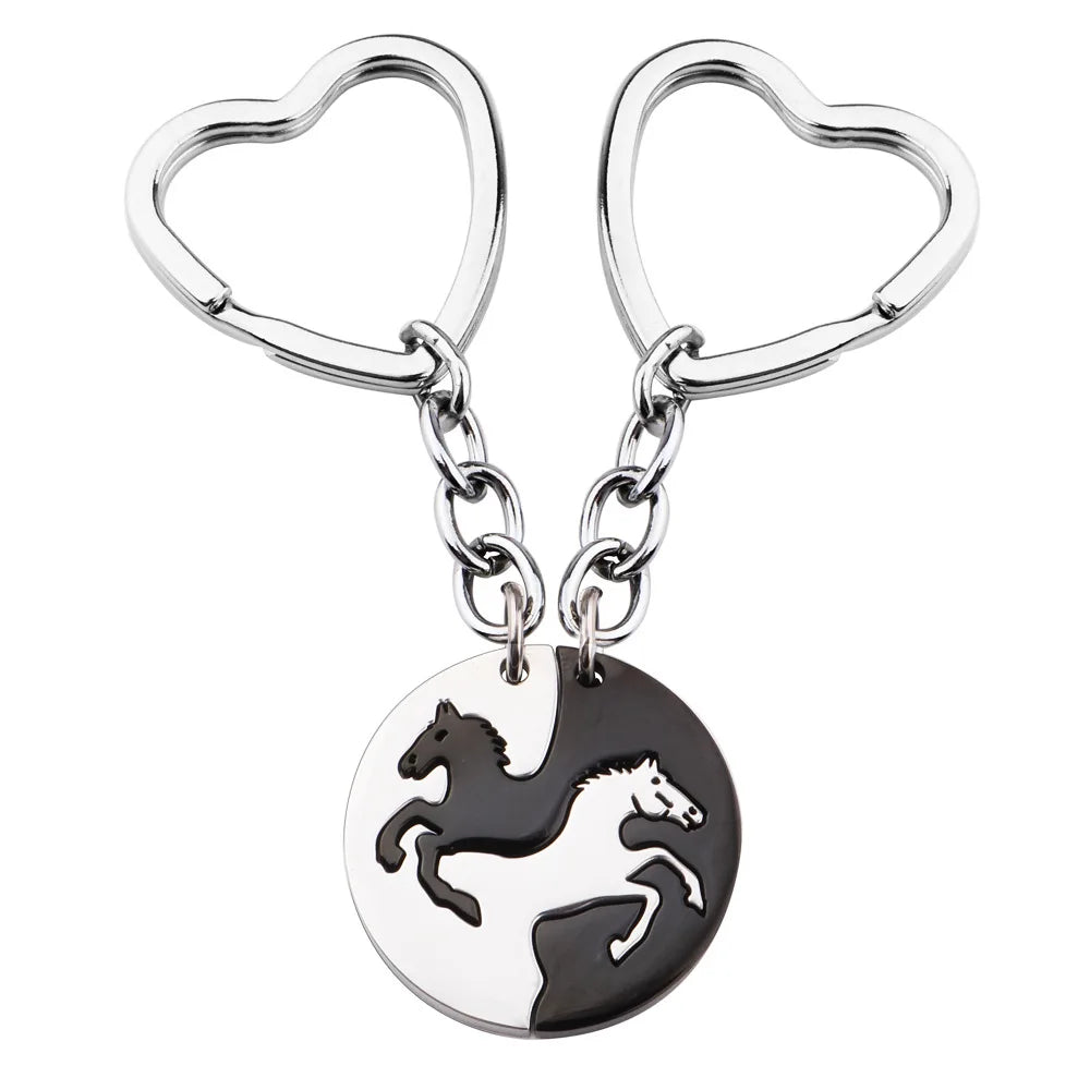 Heart Shaped Stainless Steel Key Chain Splicing Horse Round Keychain Key Chain Pendant Jewelry Yin Yang Horse