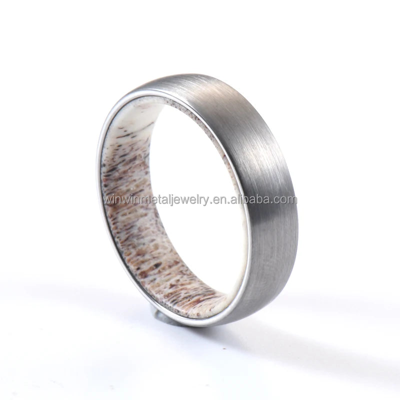 6mm Trendy Rings Men's Silver Black Tungsten Ring Wedding Engagement Band Natural Antler Ring Fashion Jewelry Ring Comfort Fit