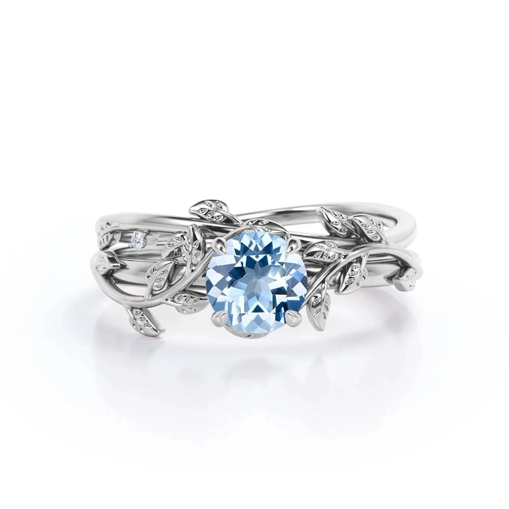 925 Sterling Silver Jewelry Classic Round Shape Aquamarine Ring Set Engagement Ring Jewelry