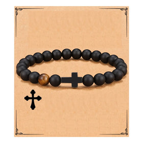 New Year's Gifts Men's Jewelry Card Bracelet Christian Religious Natural Matte Agate Bracelet With Cross for Son Father