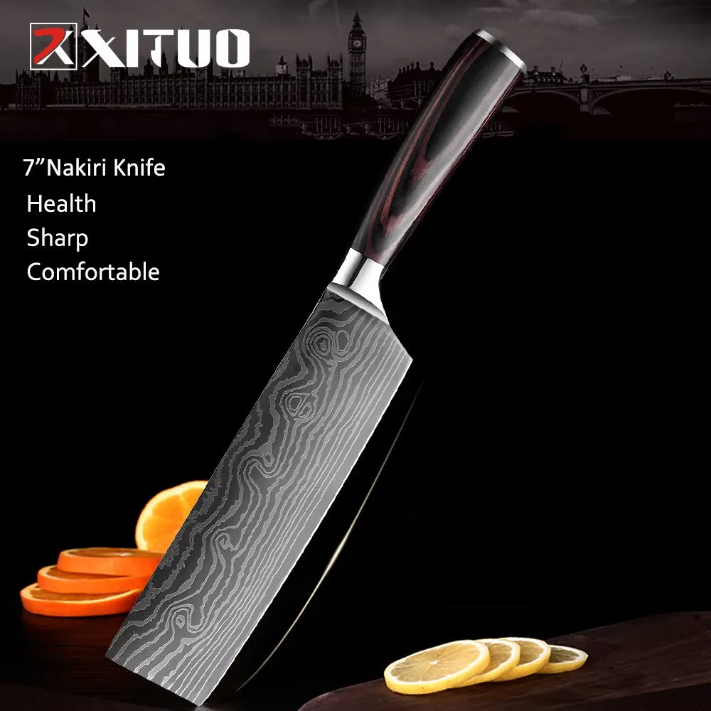 XITUO Kitchen Chef Knives 8 Inch Japanese7CR17 440C High Carbon Stainless Steel Damascus Laser Pattern Slicing Santoku Logo Box