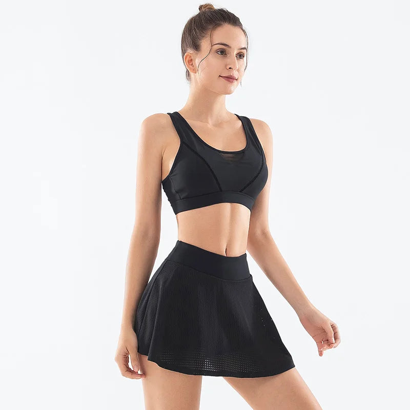 2024 Now Style Mesh Yoga Tennis Running Elastic Quick Drying Sports Short Skirts Set Gym