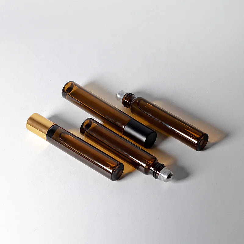 Amber Perfume Roller Deodorant Roll on Perfume Bottle 10ml Essential Oil Bottle with with Roller Ball and Gold Cap