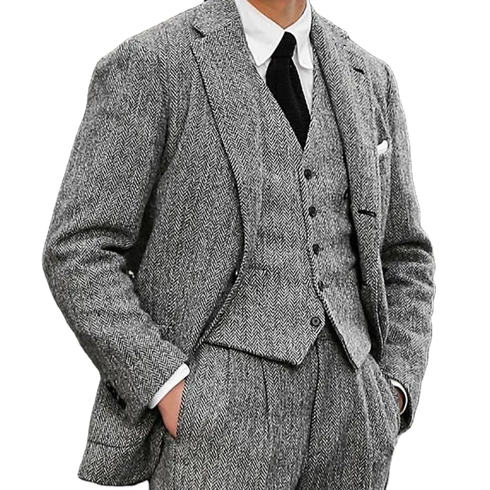 Autumn Winter British  Men's Suits Regular Fit 3 Piece Tuxedos Herringbone Notch Lapel Blazer Vest Pants Wedding Grooms Tuxedos