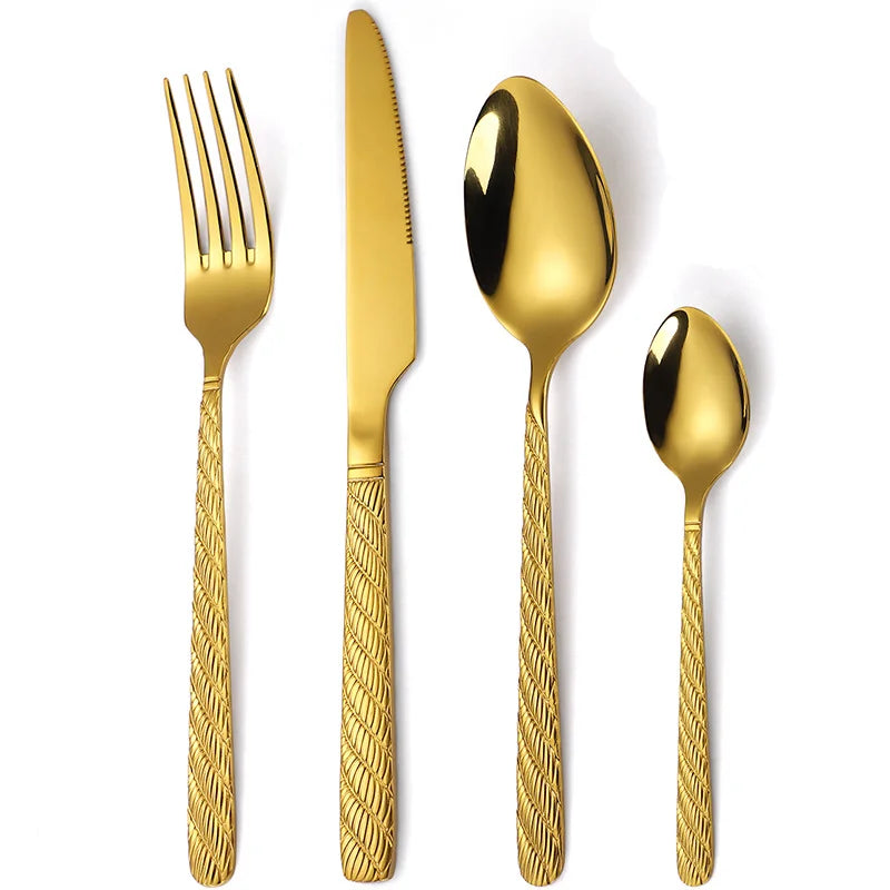New Style Hemp Rope Handle Flatware Set Stainless Steel Spoon Fork Knife Utensils Silverware Golden Cutlery Set