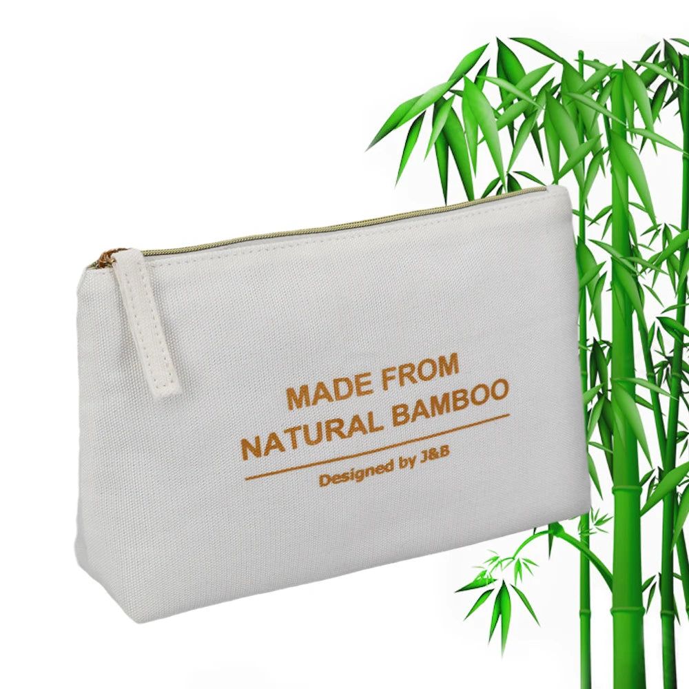 Printed Logo Custom Bamboo Fiber Cosmetic Makeup Bag Natural Bamboo Makeup Toiletry Zipper Gift Pouch