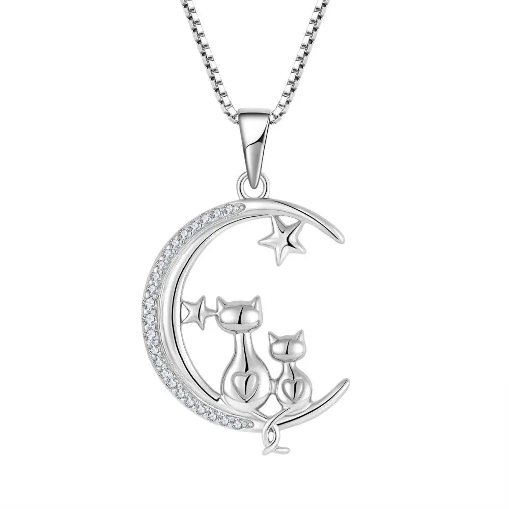 Fashion S925 Silver Animal Jewelry Rhodium Plating Star Double Cat Pendant Necklace With Cz