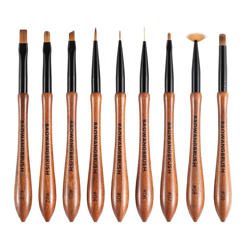A Set of 9pcs Liner Brushes with PBT Nylon Hair and Brown Wooden Handle Gel Nail Brush by Nail Brush Manufacturer BW10