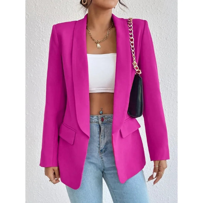 Women's Candy-Colored Minimalist Blazer With Pockets Knitted Solid Pattern Coat Suit