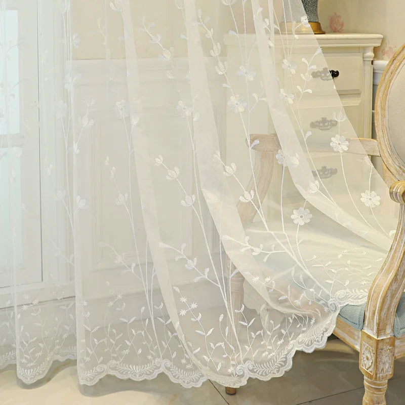 Factory Wholesale Ready Made Embroidery Lace Curtain Elegant White Floral Embroidered Sheer Curtain for Living Room